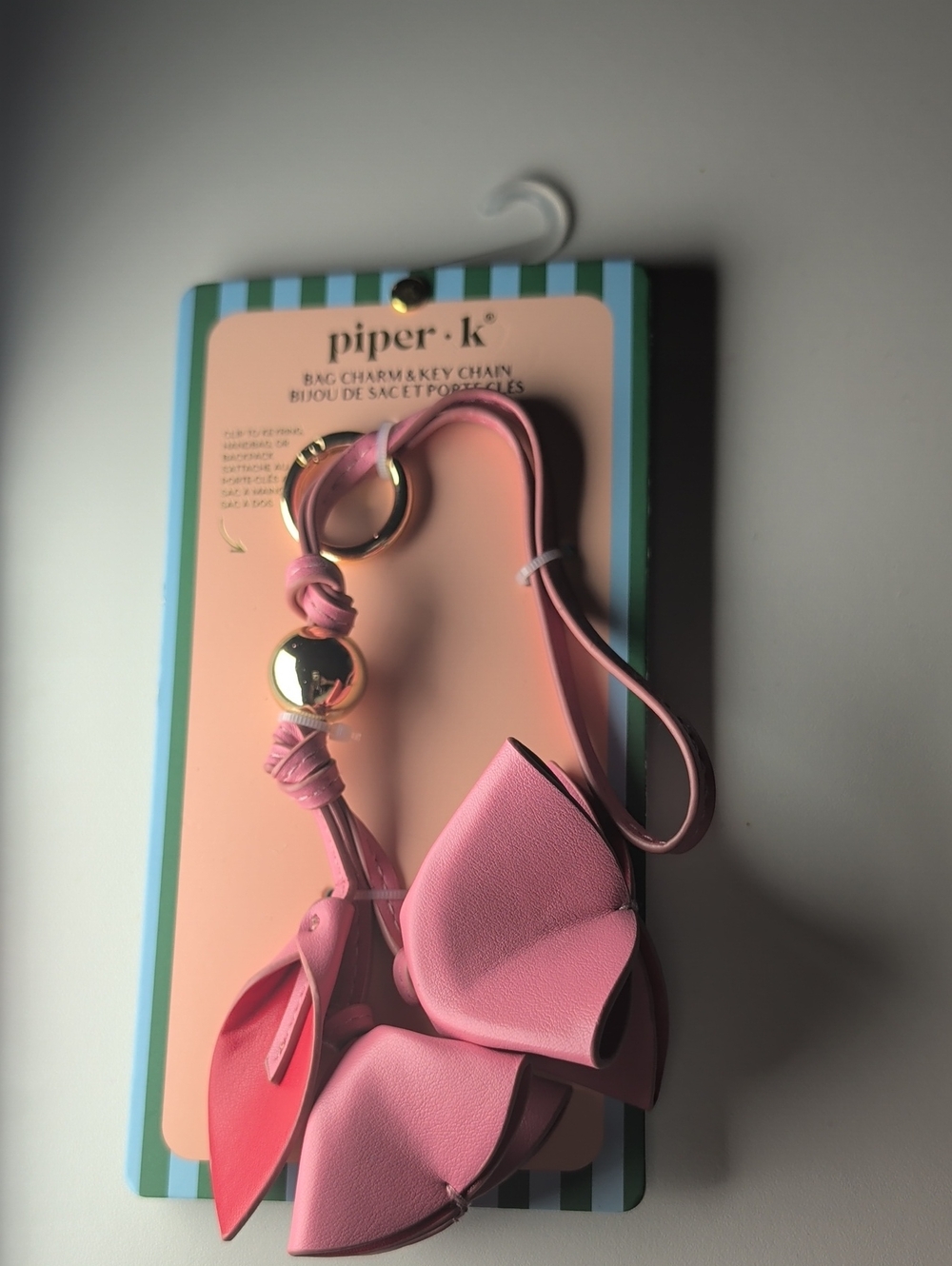 Piper Pink Flower Bag Charm with Gold-Tone Ring